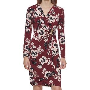 Calvin Klein Floral Faux Wrap Midi Dress Burgundy Long Sleeve Women’s Size 8